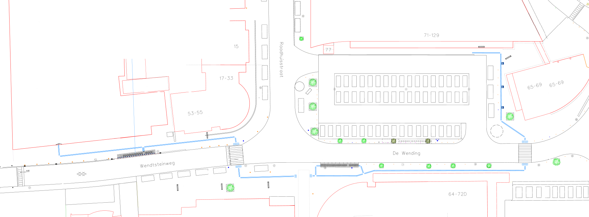 Het centrum van Marum.  De blauwe lijn is de geleidelijn.